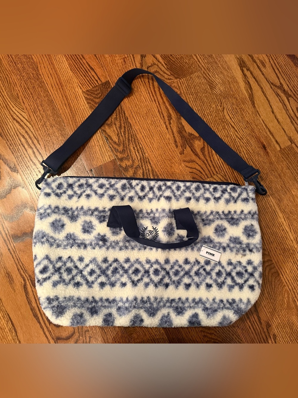 PINK Navy & Cream Fleece Tote with Fair Isle Pattern